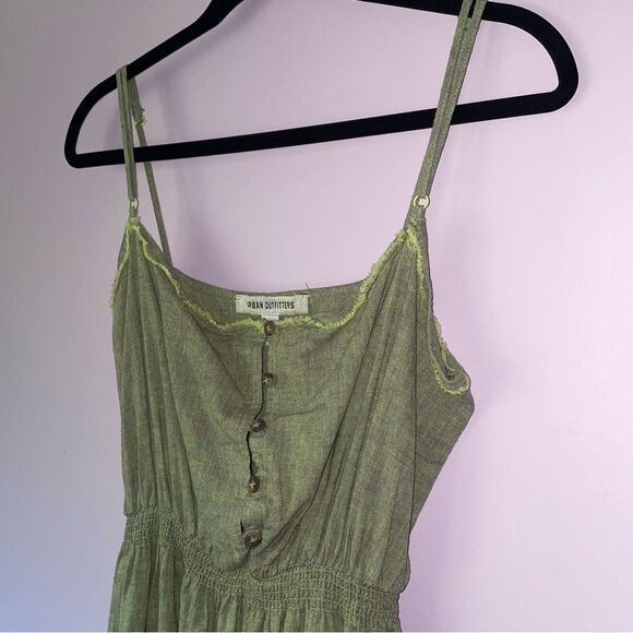 Urban Outfitters M Green Midi Dress Linen Tiered Boho Prairie Peasant Coastal - Picture 2 of 8